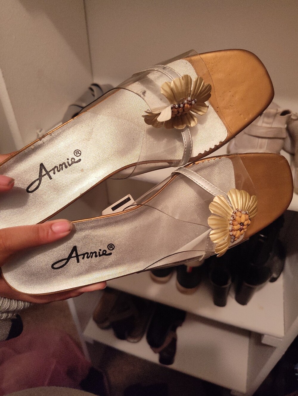 Annie Metallic Gold Floral Slide Sandals with Clear Strap